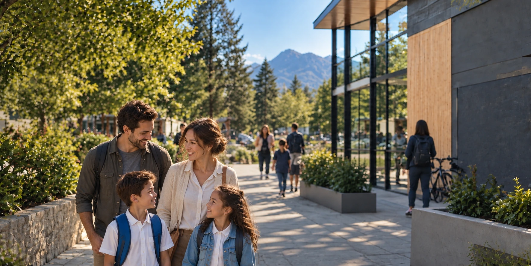 A family walking through a school community as part of everyday life across borders
